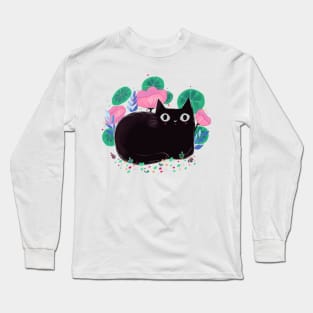 Cute black cat with flowers Long Sleeve T-Shirt
